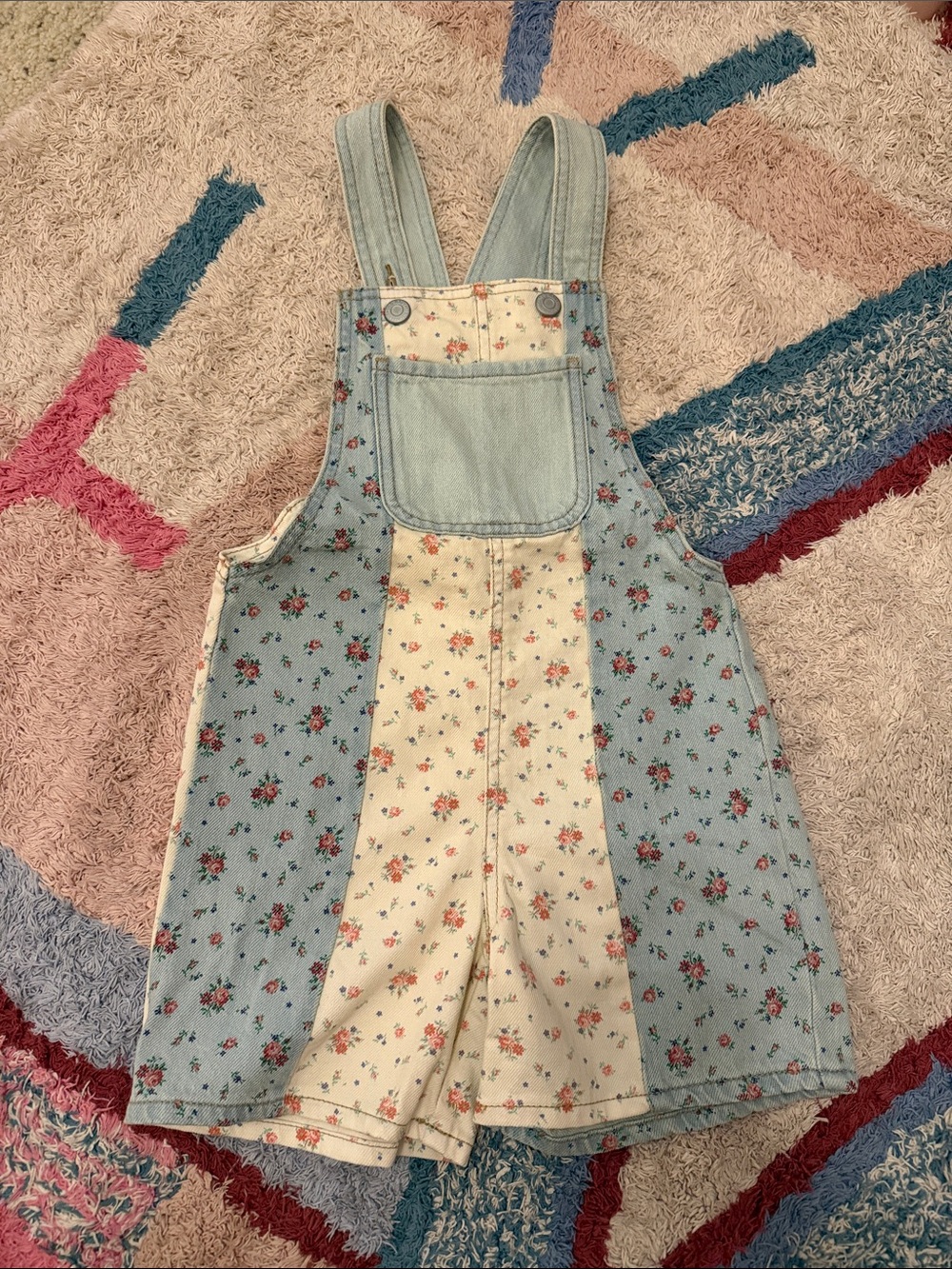 Vintage inspired floral white Denim and blue denim Overalls NWOT